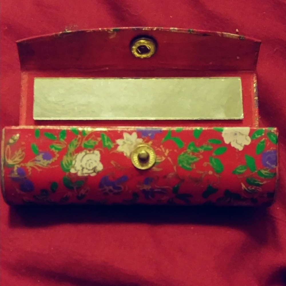 Vintage Red Lipstick holder & Mirror Floral Design
